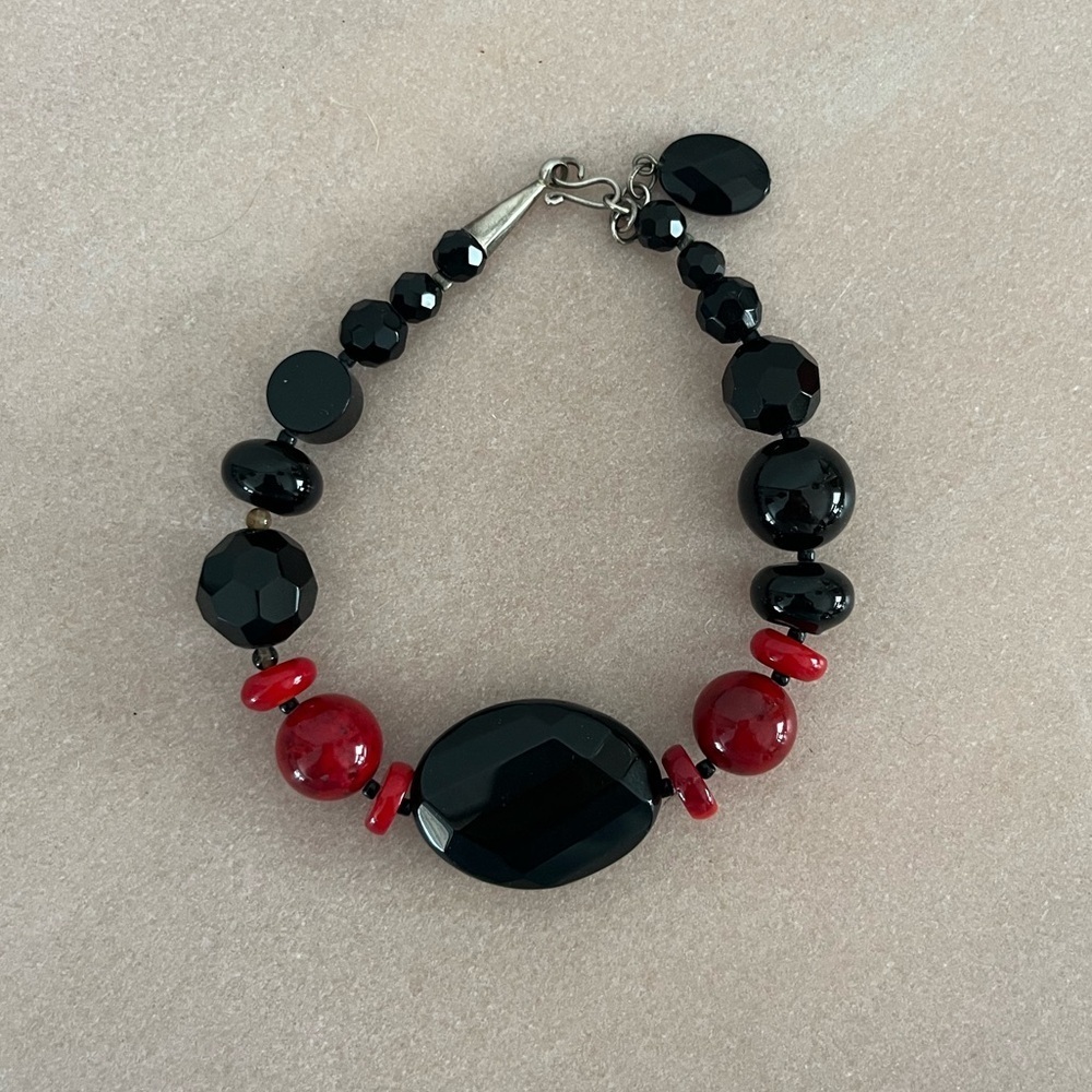 Black & Red Statement Beaded Bracelet | Faceted Black Stone & Red Glass Beads